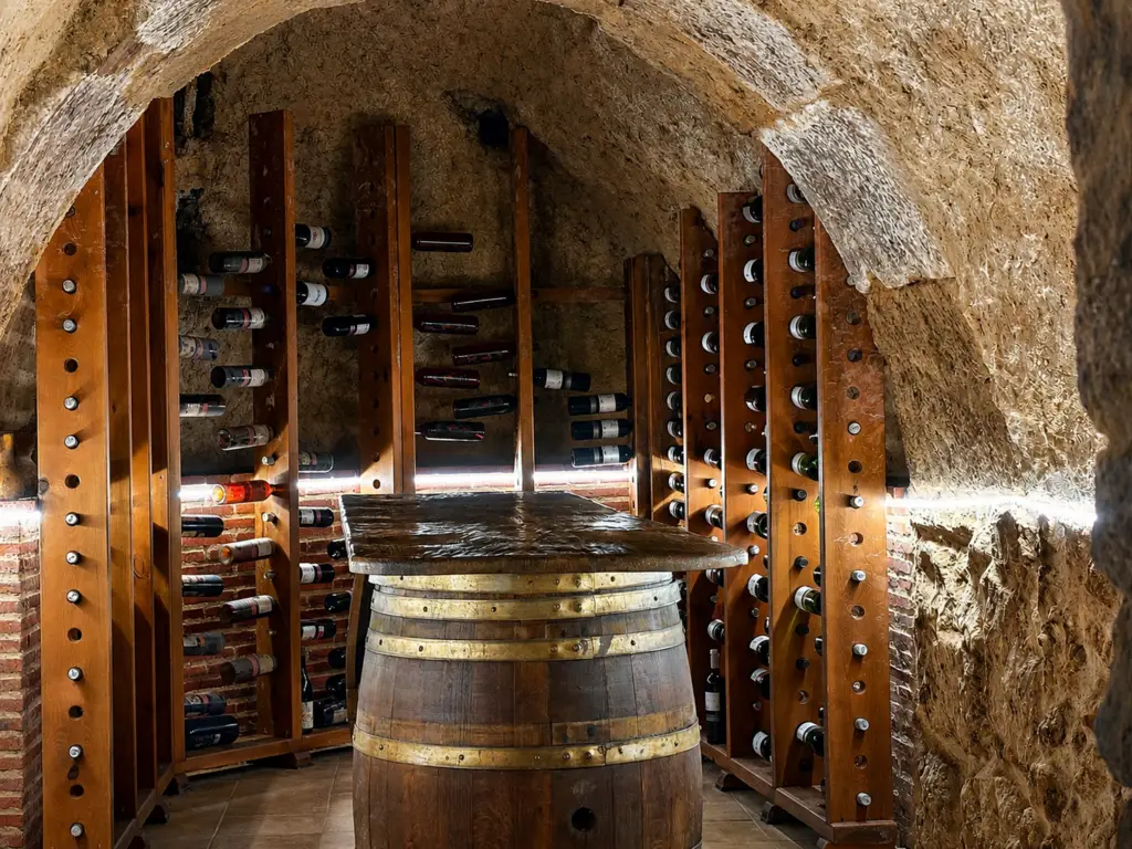 Bodega subterránea abovedada con botelleros de madera y una barrica como mesa (imagen generada con IA)