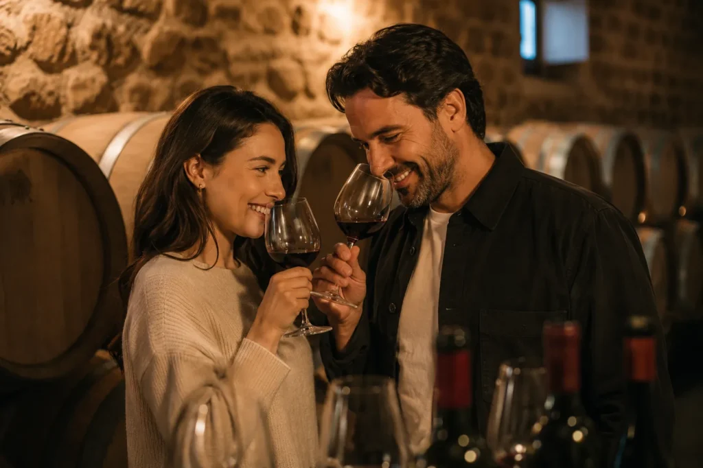 Pareja brindando con vino tinto en una bodega con barricas (imagen generada con IA)